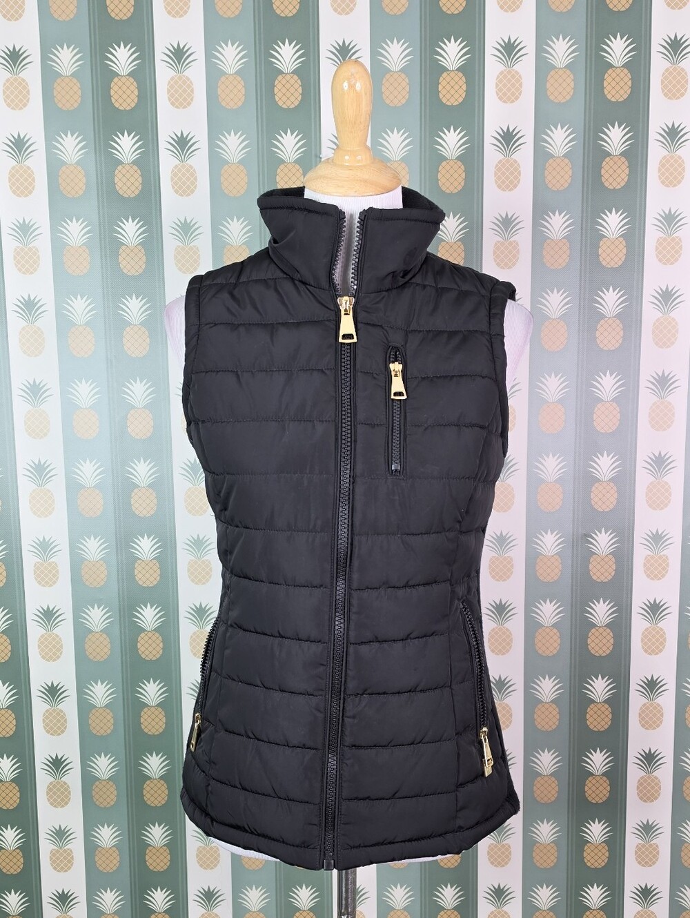 Calvin Klein Black Quilted Puffer Vest with Gold Zippers